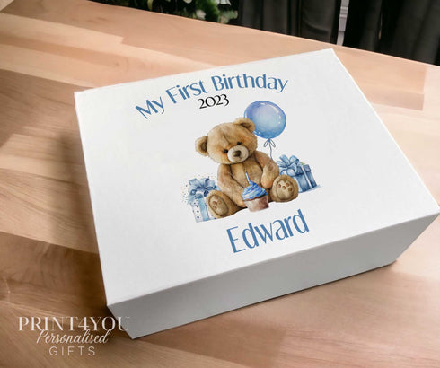 Personalised Baby's First Keepsake Box: White Sturdy Card with Magnetic Closure - Teddy Bear Blue 1st Birthday